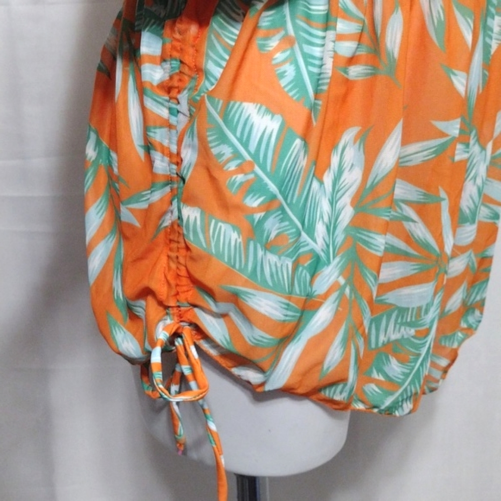 Sheer Tropical Cover Up Romper Plunge V Neck Cinched Waist Beach Resort XL - Picture 10 of 14